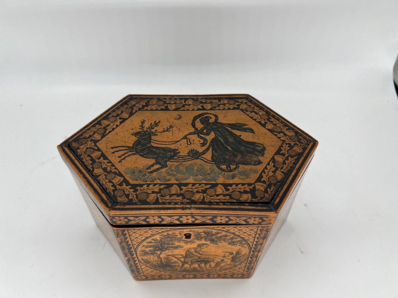 C. 1870 Antique English Tunbridge Ware & Penwork Regency Tea Caddy Box - 2