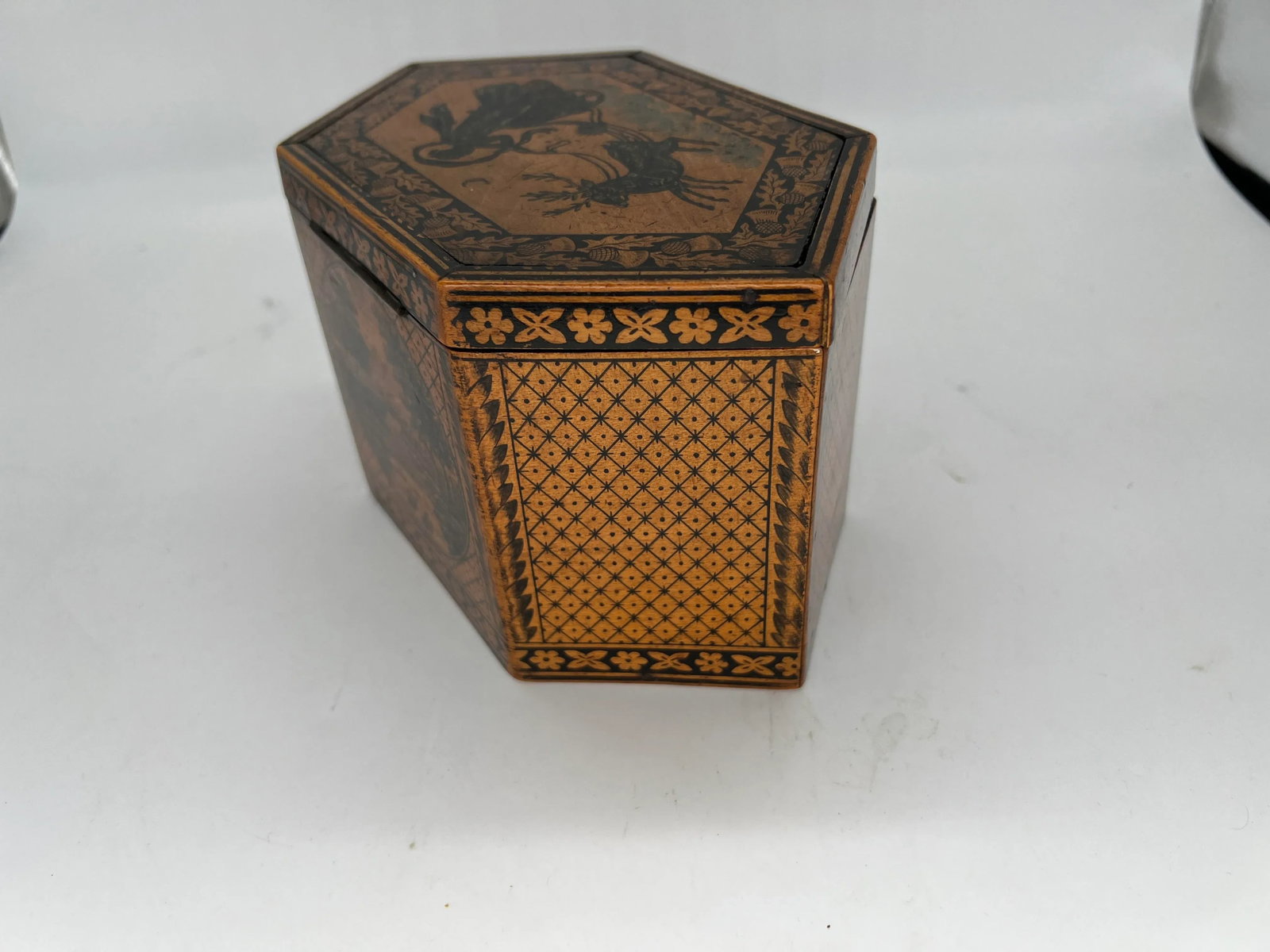 C. 1870 Antique English Tunbridge Ware & Penwork Regency Tea Caddy Box - 5