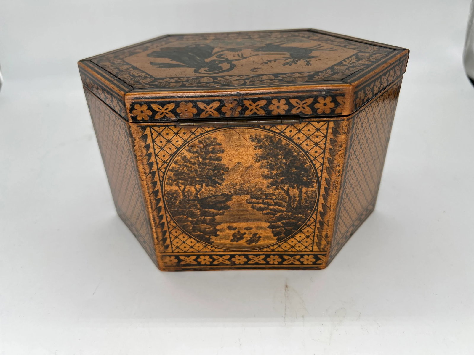 C. 1870 Antique English Tunbridge Ware & Penwork Regency Tea Caddy Box - 6