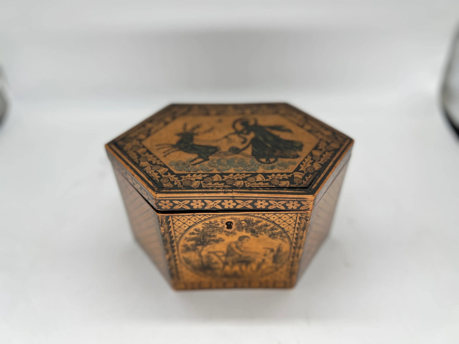 C. 1870 Antique English Tunbridge Ware & Penwork Regency Tea Caddy Box - 7