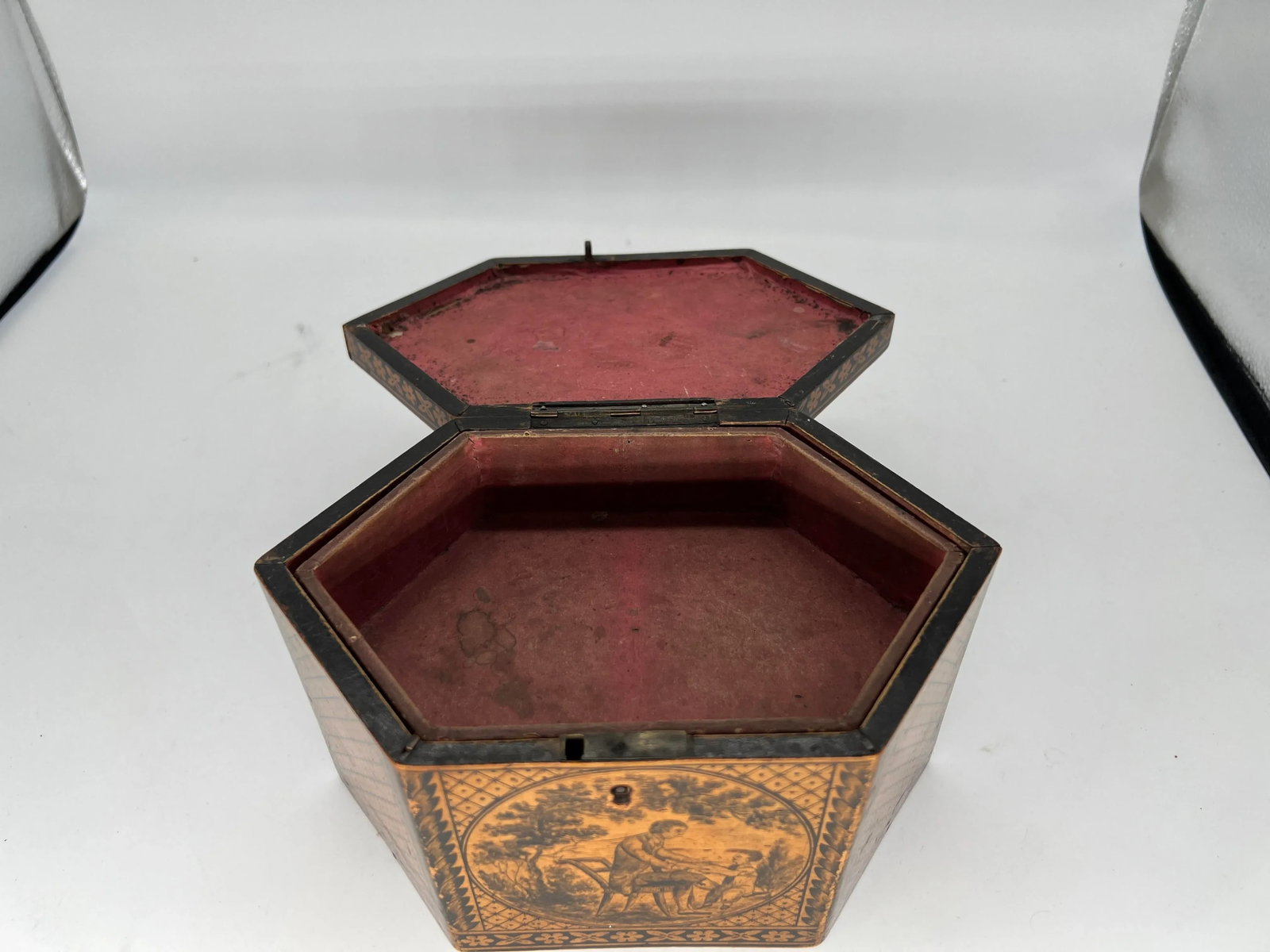 C. 1870 Antique English Tunbridge Ware & Penwork Regency Tea Caddy Box - 8
