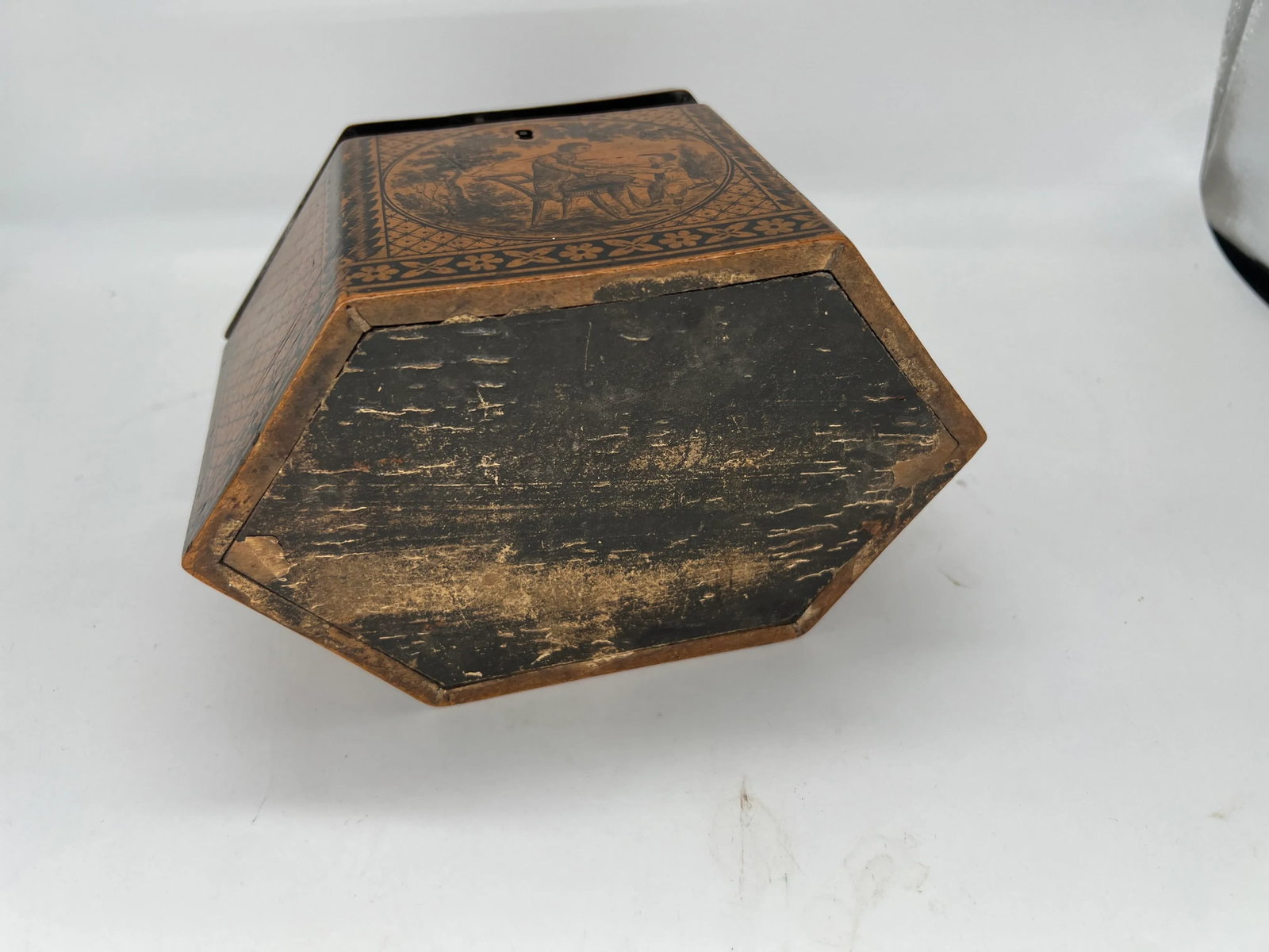 C. 1870 Antique English Tunbridge Ware & Penwork Regency Tea Caddy Box - 9