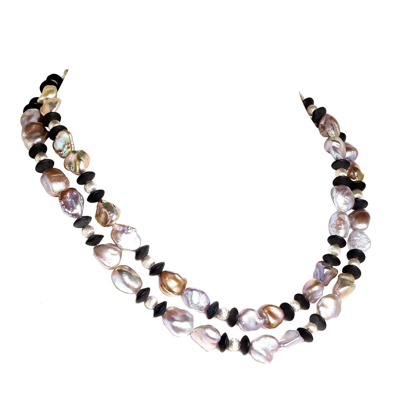 Long and Silvery Pearls and Black Onyx Necklace - 3