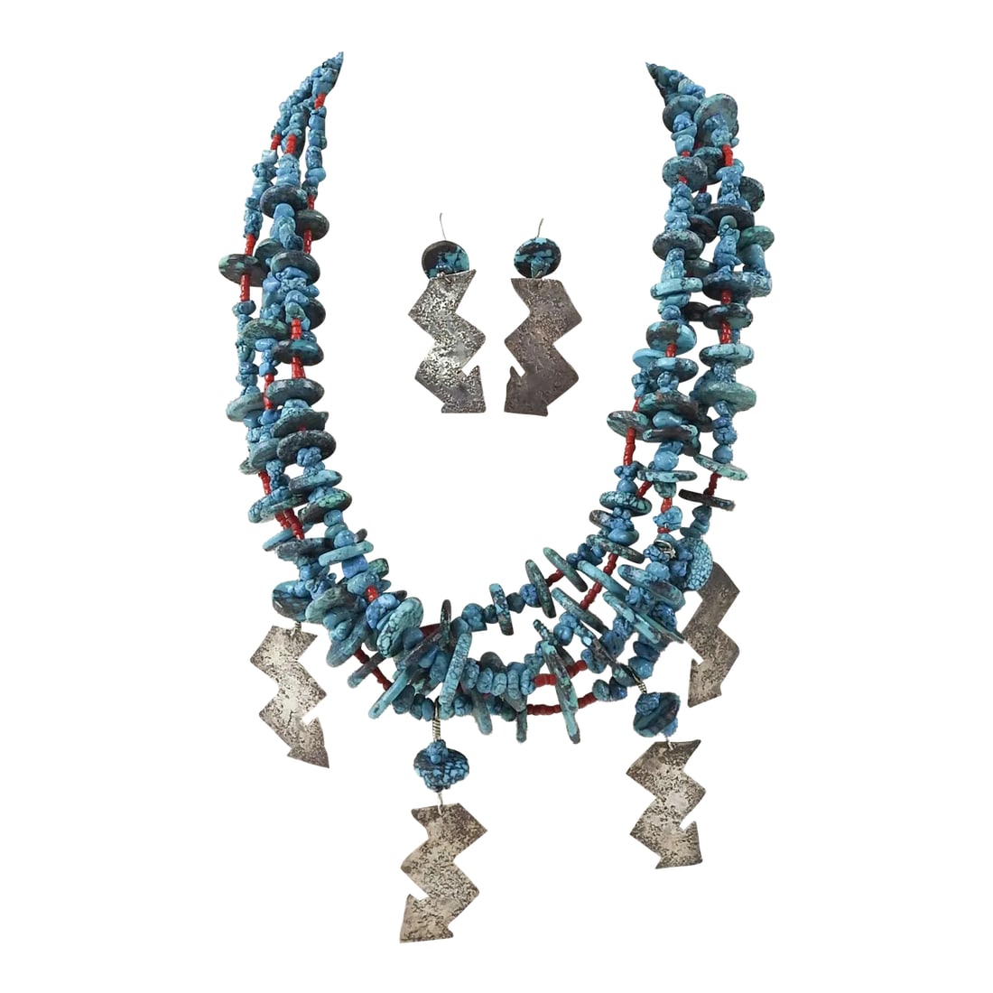 Late 20th Century Artist Studio Turquoise Sterling Silver Necklace & Earrings: Circa 1990's one of a kind artist made sculptural turquoise, coral and sterling silver multistrand necklace and earrings by Linda Thompson. Necklace is 24" long not counting drops which are 2" long x