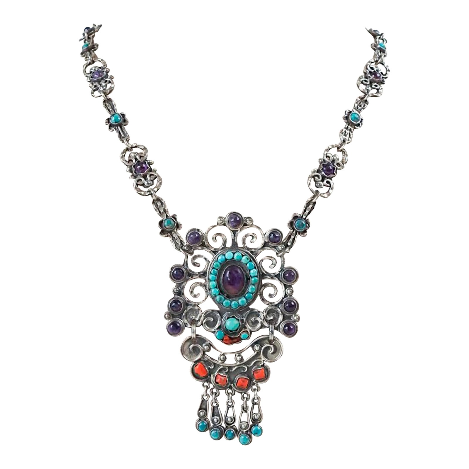 Vintage Morales Matl Style Sterling Amethyst Turquoise Coral Necklace: Vintage Matl style sterling, amethyst, turquoise and coral necklace. Marked Morales Mexico MC 102 925 on back of pendant and clasp. Main pendant is 90mm long including drops, links are 25mm.