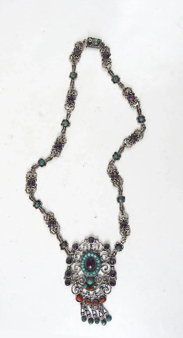 Vintage Morales Matl Style Sterling Amethyst Turquoise Coral Necklace - 2