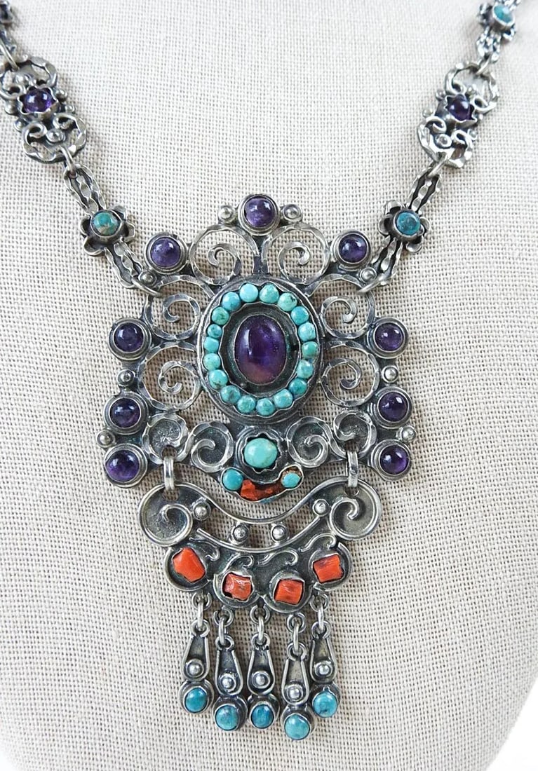 Vintage Morales Matl Style Sterling Amethyst Turquoise Coral Necklace - 3