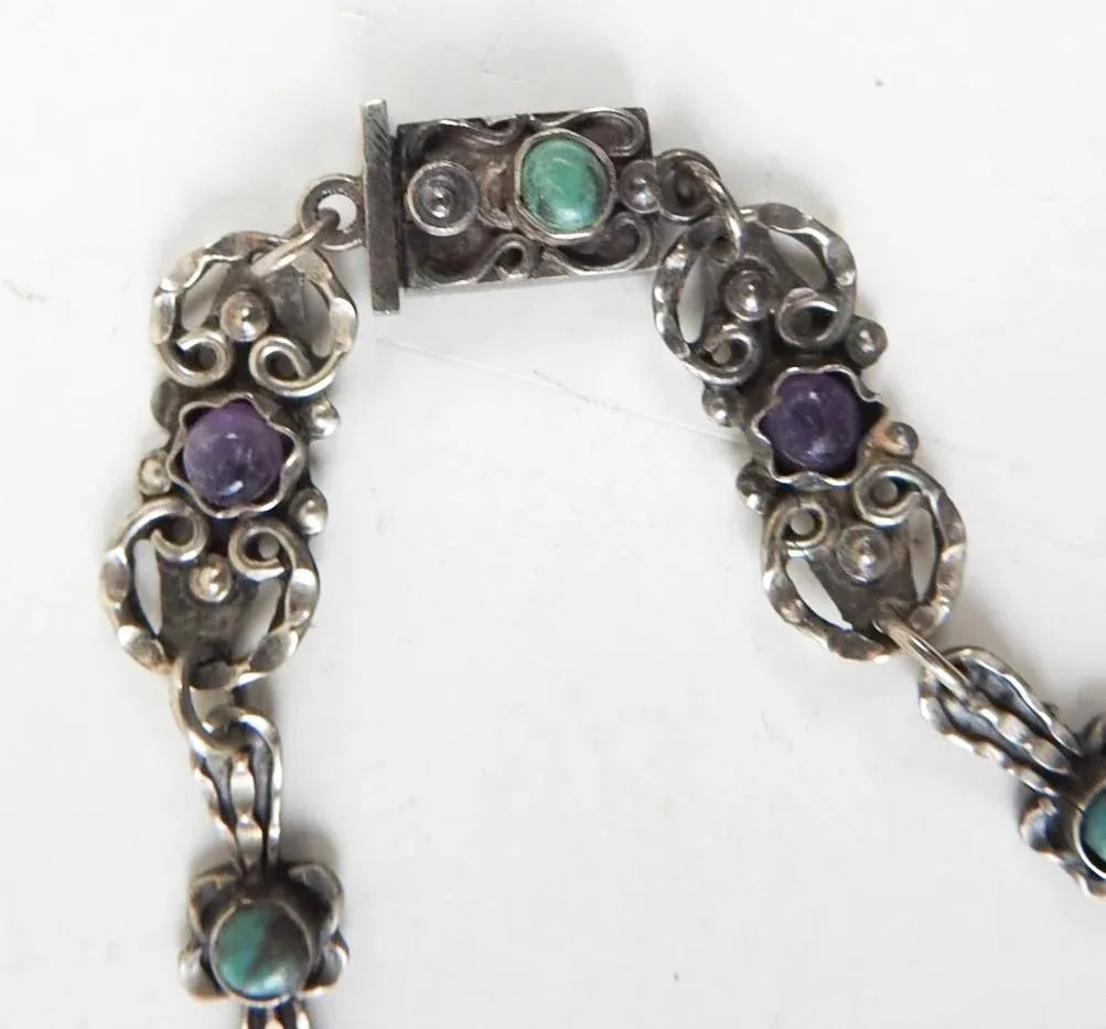Vintage Morales Matl Style Sterling Amethyst Turquoise Coral Necklace - 4