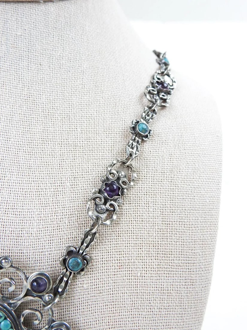Vintage Morales Matl Style Sterling Amethyst Turquoise Coral Necklace - 5