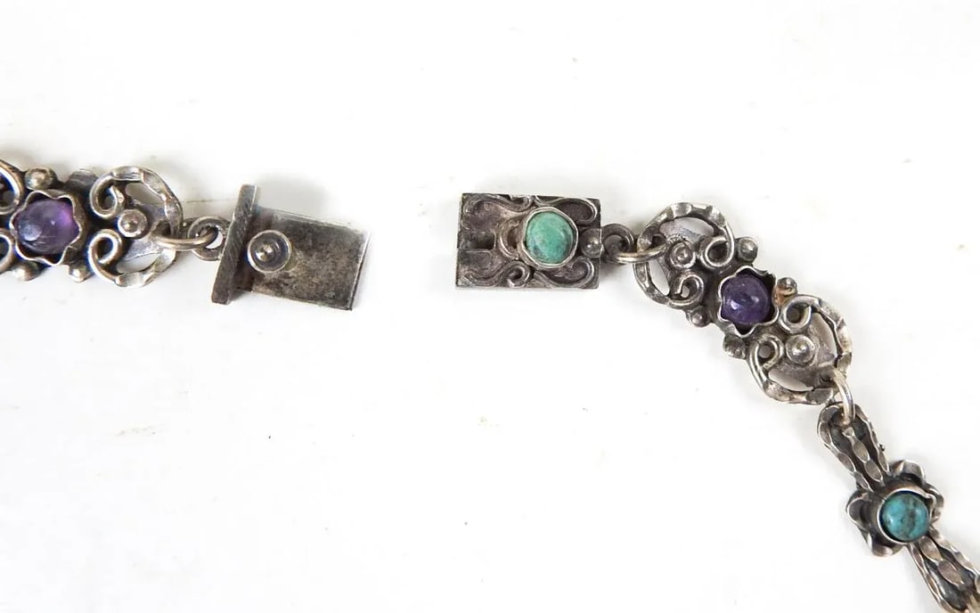 Vintage Morales Matl Style Sterling Amethyst Turquoise Coral Necklace - 8