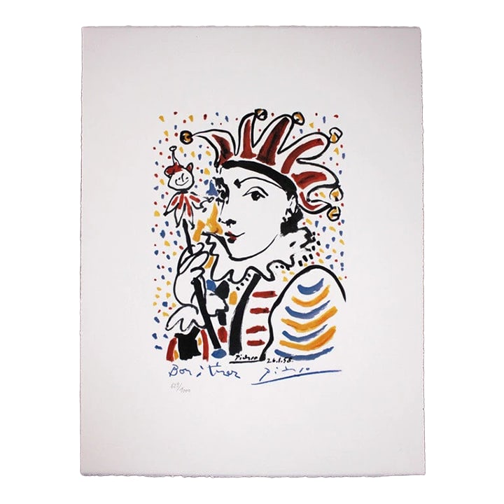 After Picasso Lithograph "Carnival" 1958 on Arches Watermarked Paper. Printed in France. Limited Edi: BEAUTIFUL COLOR LITHOGRAPHIC ON HANDMADE ARCHES PAPER ONE OF 1000 COPIES WORLDWIDE Artist: Pablo Picasso. Title: Carnival, (After the 1958 original). Sheet format: 20" x 26" (51 cm x 66 cm) Editeur: