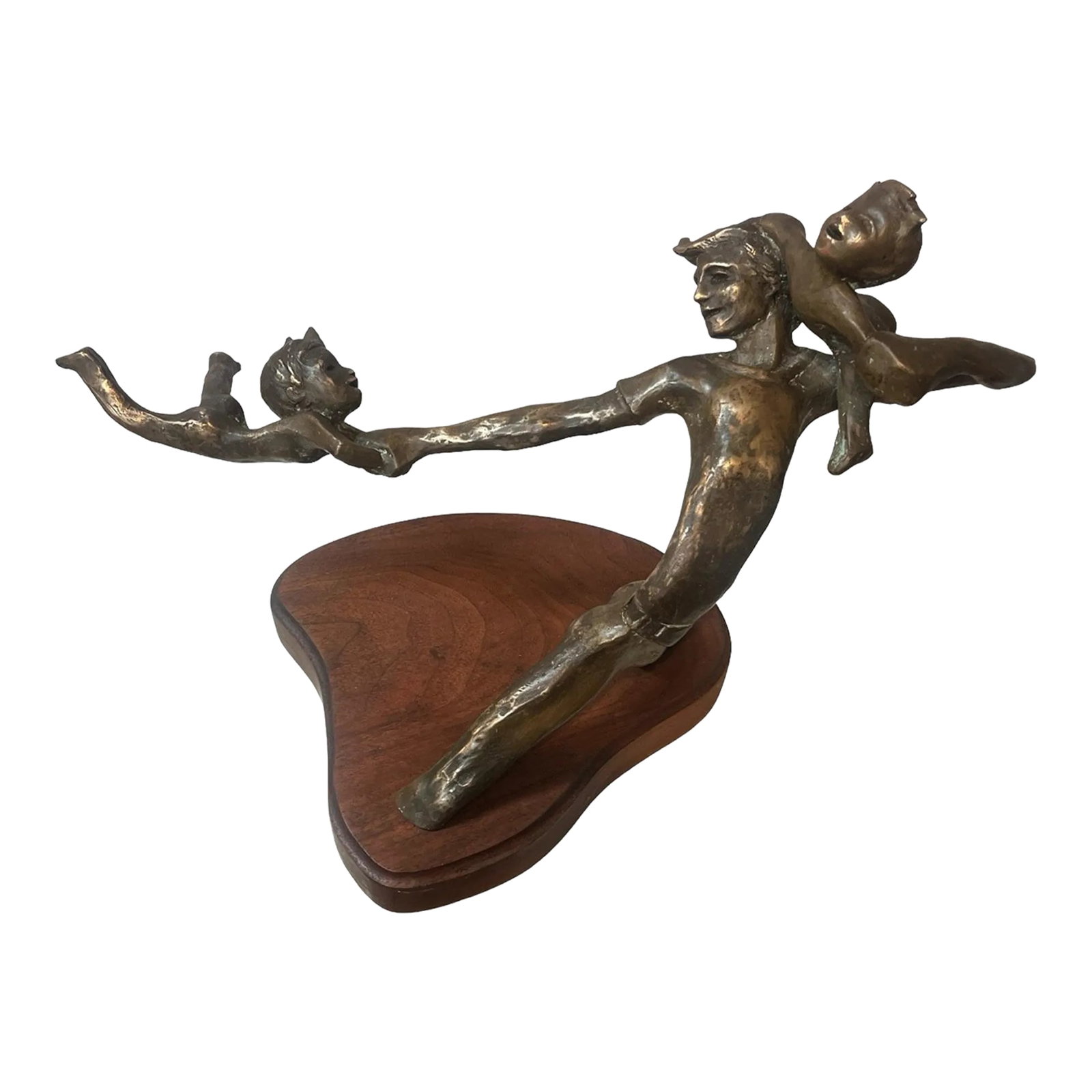 1970s Bronze Sculpture of Man Playing With and Swinging Kids by Million: Beautiful bronze sculpture of Man playing with and swinging kids. Sculpted in 1977. By Million Numbered 11 of 20 Condition: Alterations: Original Condition Unaltered Imperfections: Some Imperfections