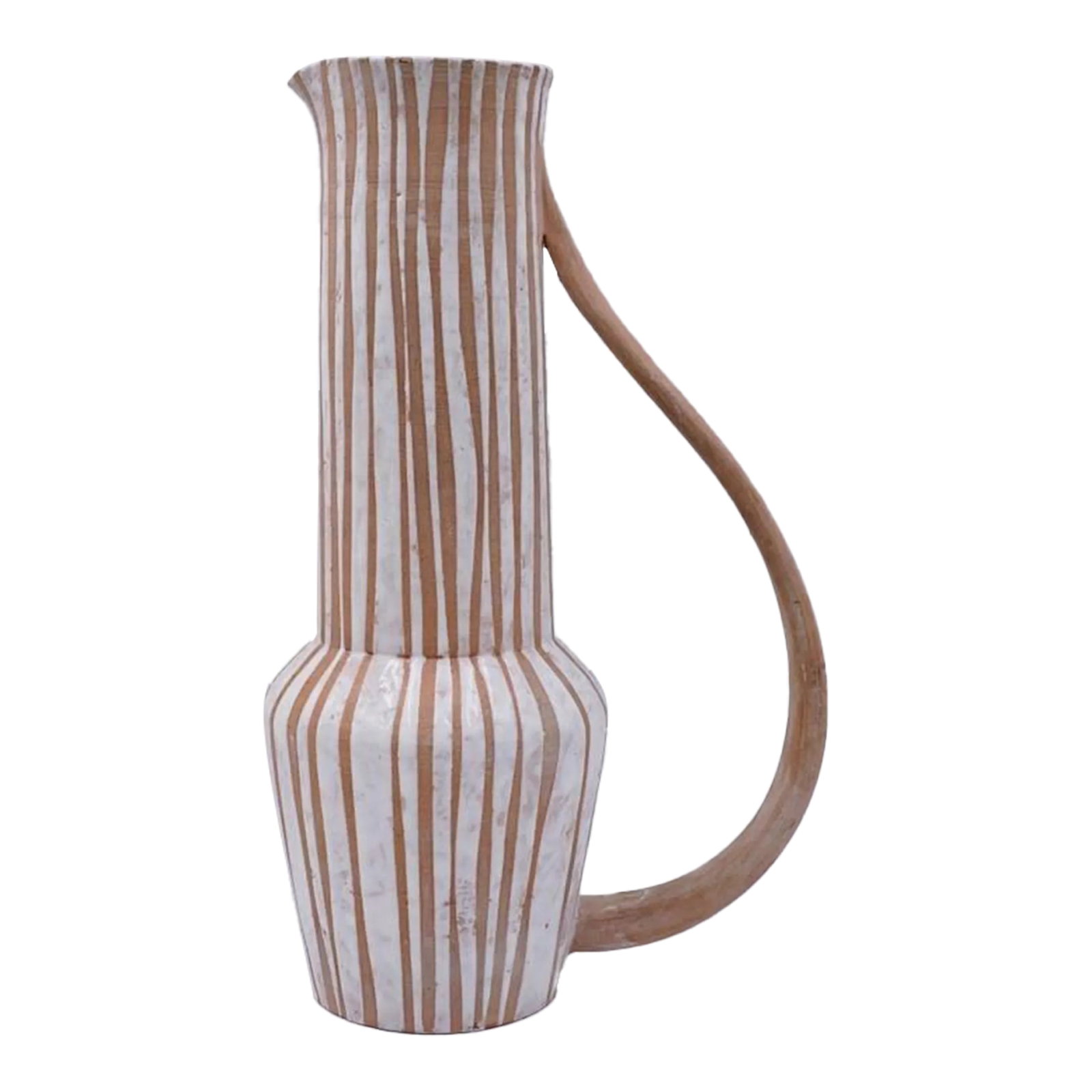 Mid 20th Century Joel Edwards Sculptural Pottery Pitcher: Vintage mid 20th century tall pottery pitcher by Joel Edwards (1923 - 2007) California. Signed on bottom, tan bisque with white stripes and white glazed interior. Well known Californian potter he