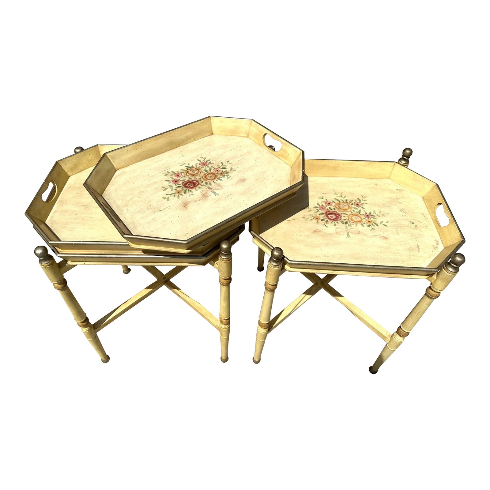 Vintage French Provincial 2-Tier Bar Cart: Vintage French Provincial Bar Car in yellow and gold with floral bouquet in middle., handle cutouts and easy to store if you don't need to use at all times just fold on up. Great if you add wheels.