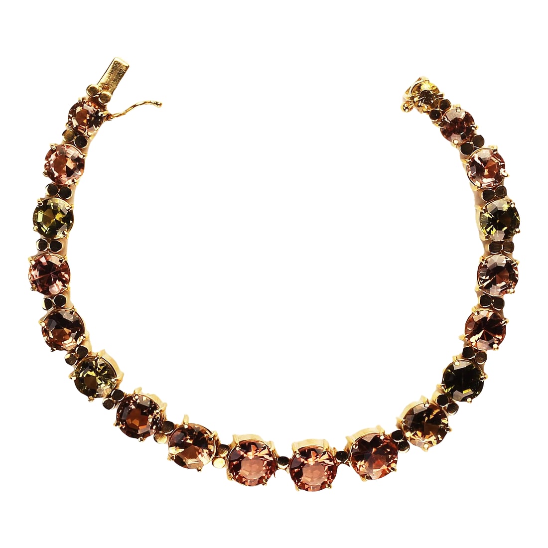 1980s Multi-Color Tourmaline 18 Karat Yellow Gold Bracelet: Exquisite Handmade Tourmaline Bracelet – A Unique Blend of Soft, Radiant Hues Indulge in the timeless elegance of this one-of-a-kind Tourmaline bracelet, showcasing a stunning collection of
