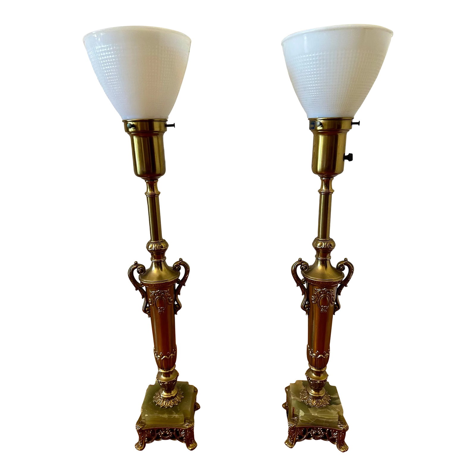 Vintage Rembrandt Onyx and Gilt Metal Patinated Torchiere Table Lamps- A-Pair: A Pair Vintage Rembrandt Onyx and Gilt Metal Patinated Torchiere Table Lamps with original glass and fabric shades and finials. They have been rewired. There are some small spots on fabric shade.
