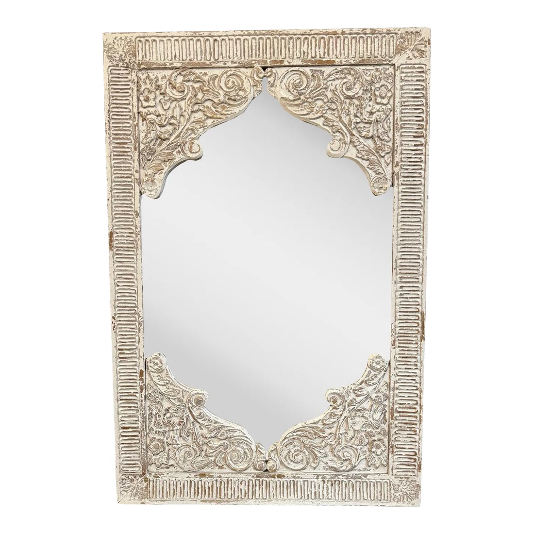 1990s Farmhouse Style Hand Carved Solid Wood Mirror in Distressed White Finish: Dimensions: 38" W X 1" D X 57" H Features: "• Intricately carved mirror "• 100% solid wood construction "• Hand carved by skilled artisans "• Distressed off-white finish