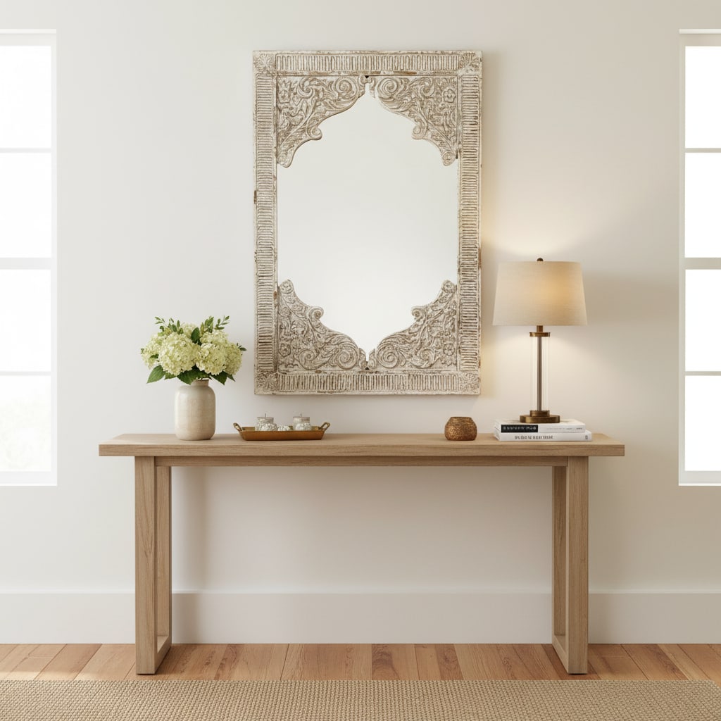 1990s Farmhouse Style Hand Carved Solid Wood Mirror in Distressed White Finish - 3