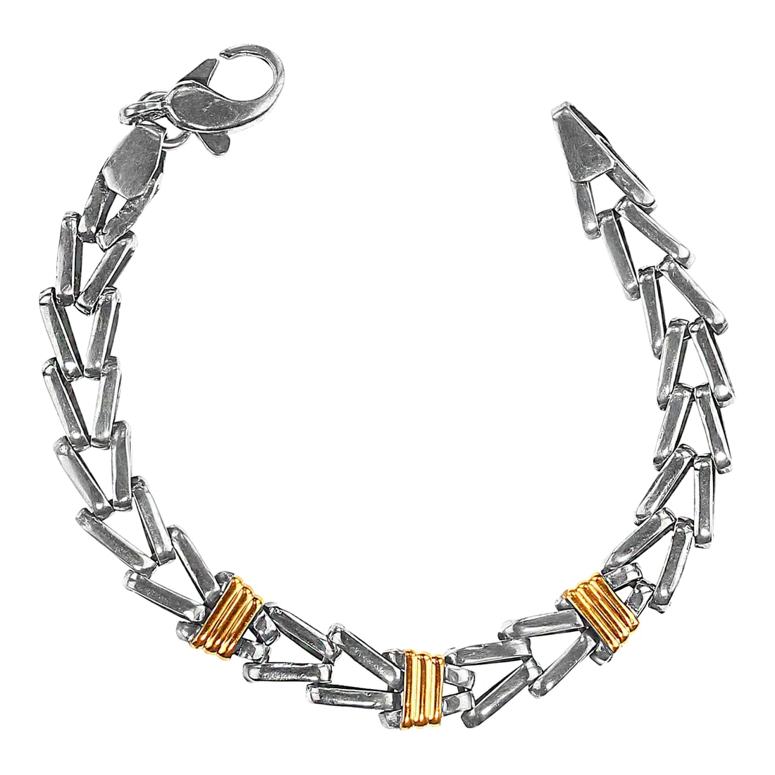 Late 20th Century Sterling Silver Bracelet in Herringbone Design: Unique Sterling Silver Herringbone Bracelet with Goldy Accents – 7.13 Inches Step up your jewelry game with this exquisite 7.13-inch sterling silver herringbone bracelet, designed with
