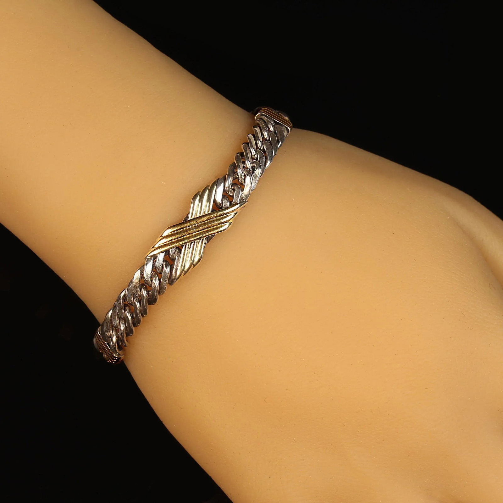 Late 20th Century Sterling Silver Link Bracelet With Goldy Bars - 2