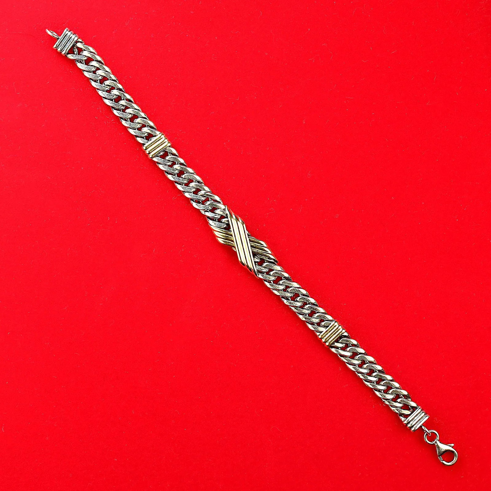Late 20th Century Sterling Silver Link Bracelet With Goldy Bars - 6