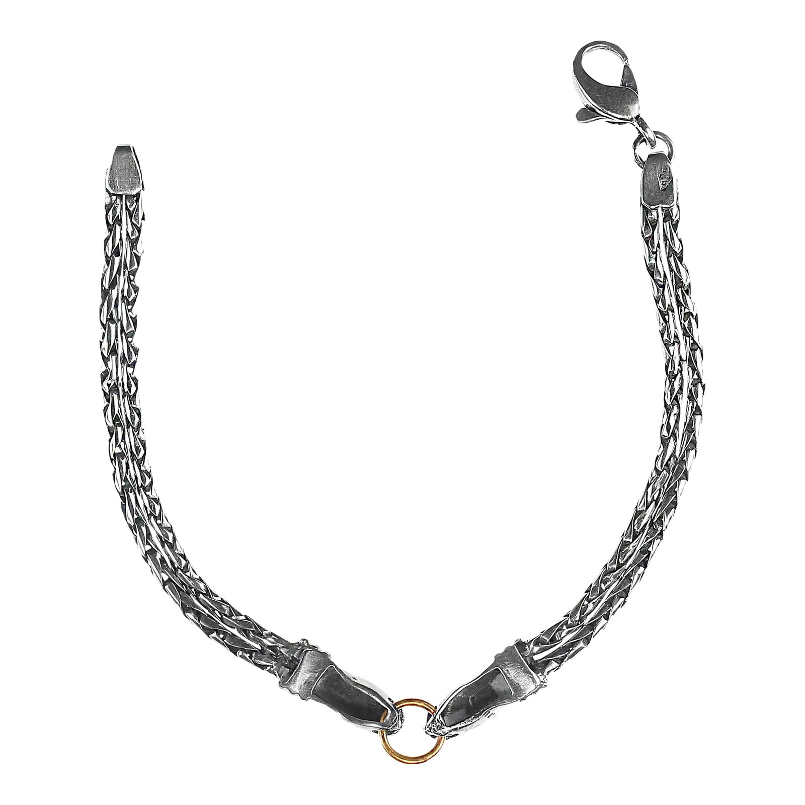 Late 20th Century Sterling Silver Bracelet With Double Headed Snake Motif and Goldy Accents: 8-Inch Sterling Silver Double-Headed Snake Motif Bracelet with Goldy Accents Unveil a captivating blend of mystery and elegance with this 8-inch sterling silver bracelet, featuring a striking double-h