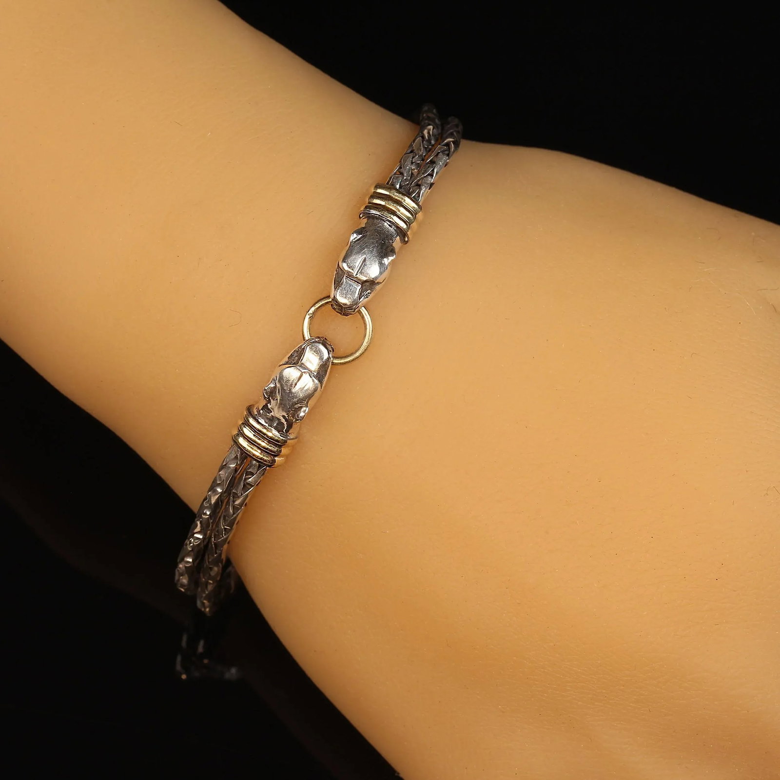 Late 20th Century Sterling Silver Bracelet With Double Headed Snake Motif and Goldy Accents - 2