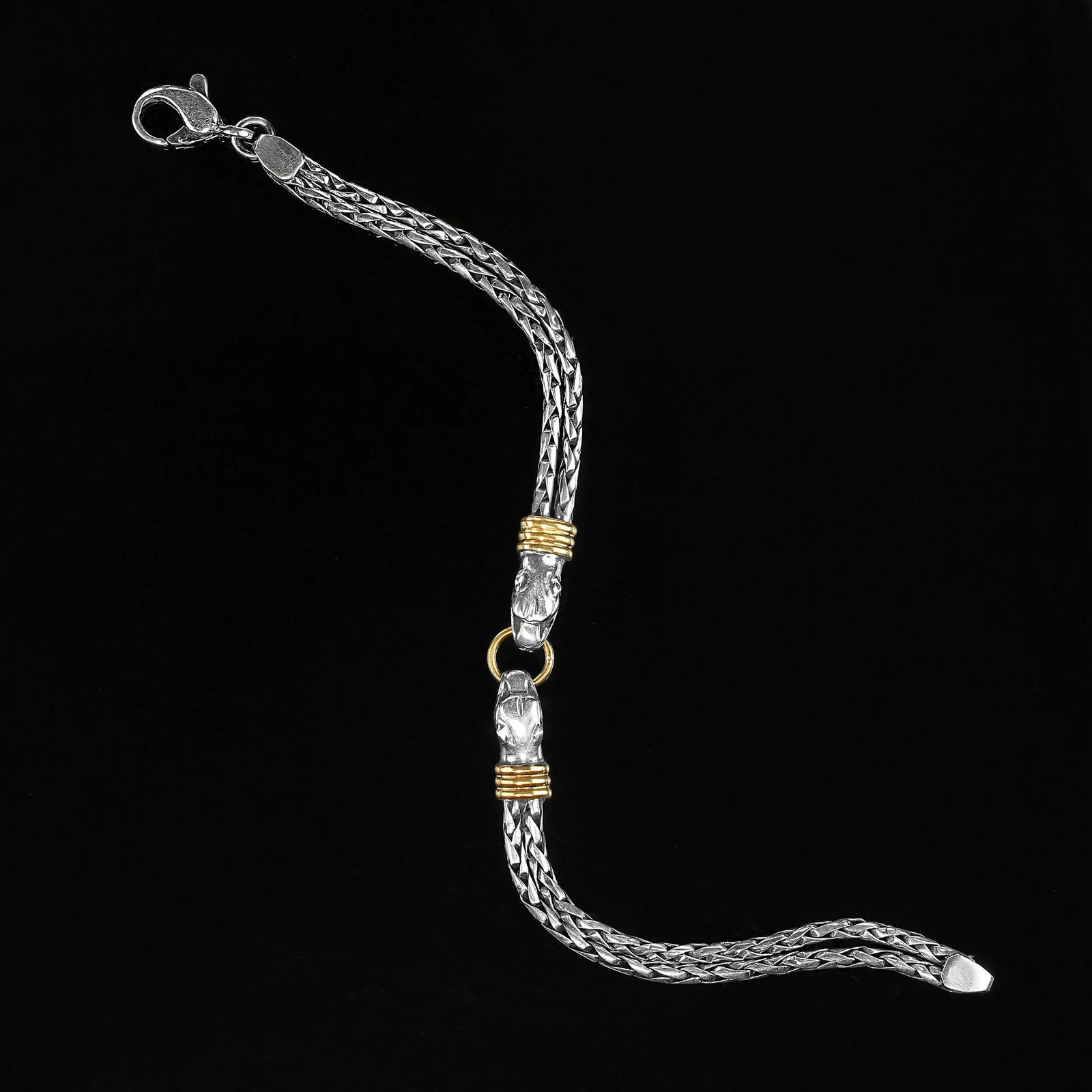 Late 20th Century Sterling Silver Bracelet With Double Headed Snake Motif and Goldy Accents - 4