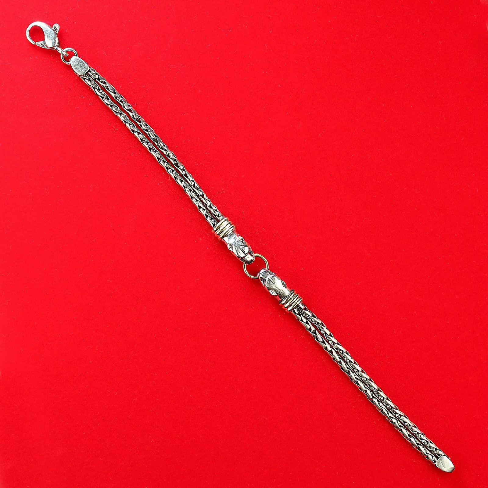 Late 20th Century Sterling Silver Bracelet With Double Headed Snake Motif and Goldy Accents - 5