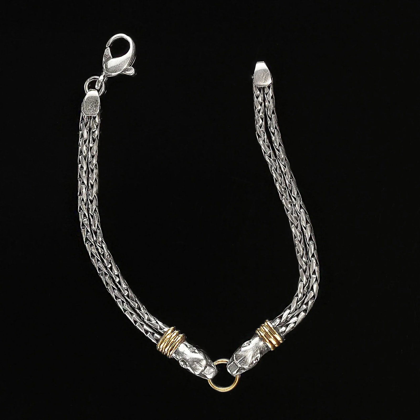Late 20th Century Sterling Silver Bracelet With Double Headed Snake Motif and Goldy Accents - 6