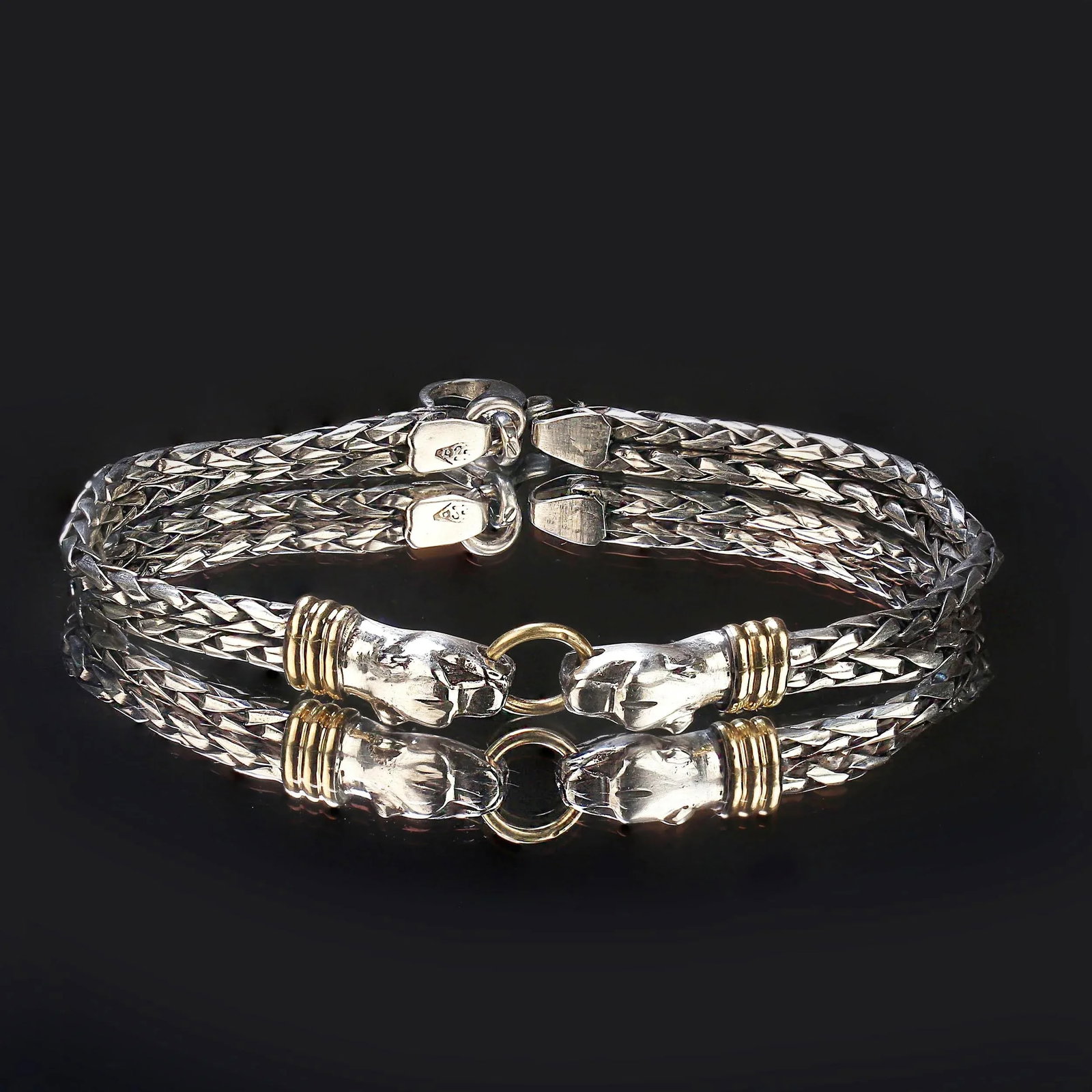 Late 20th Century Sterling Silver Bracelet With Double Headed Snake Motif and Goldy Accents - 8