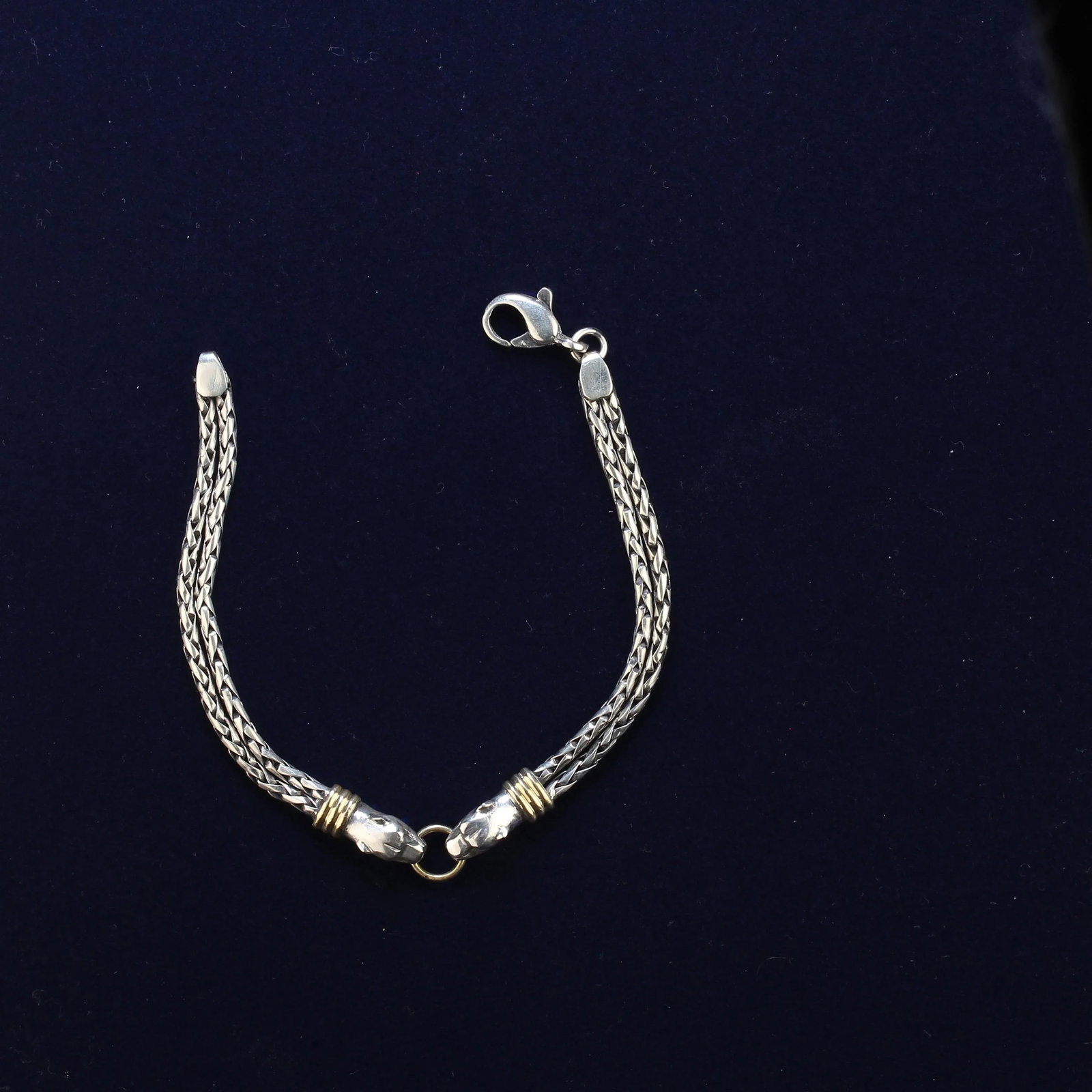 Late 20th Century Sterling Silver Bracelet With Double Headed Snake Motif and Goldy Accents - 9