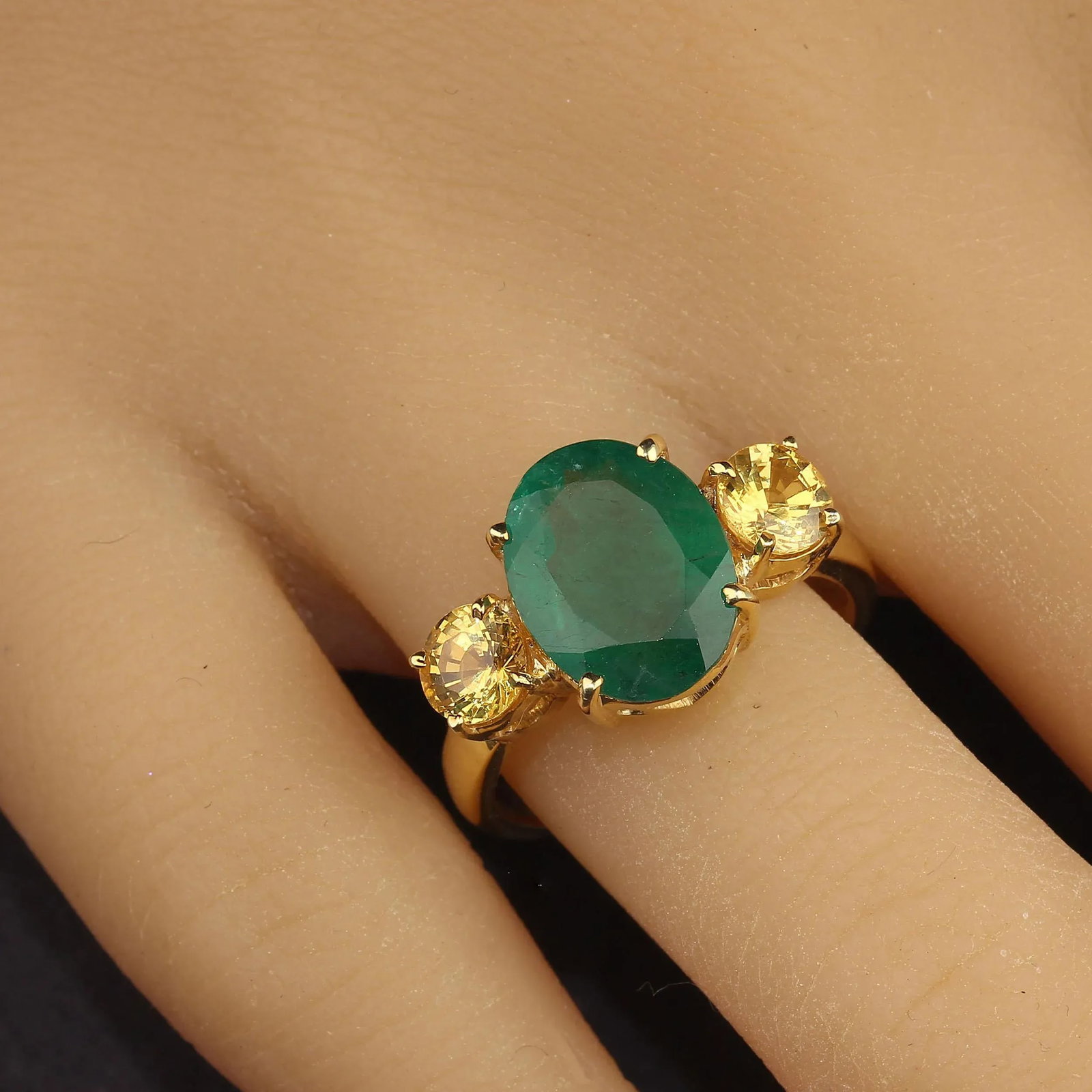Green Emerald With Sparkling Golden Citrine Accent & Gold Rhoduim/Sterling Ring Size 7 - 2