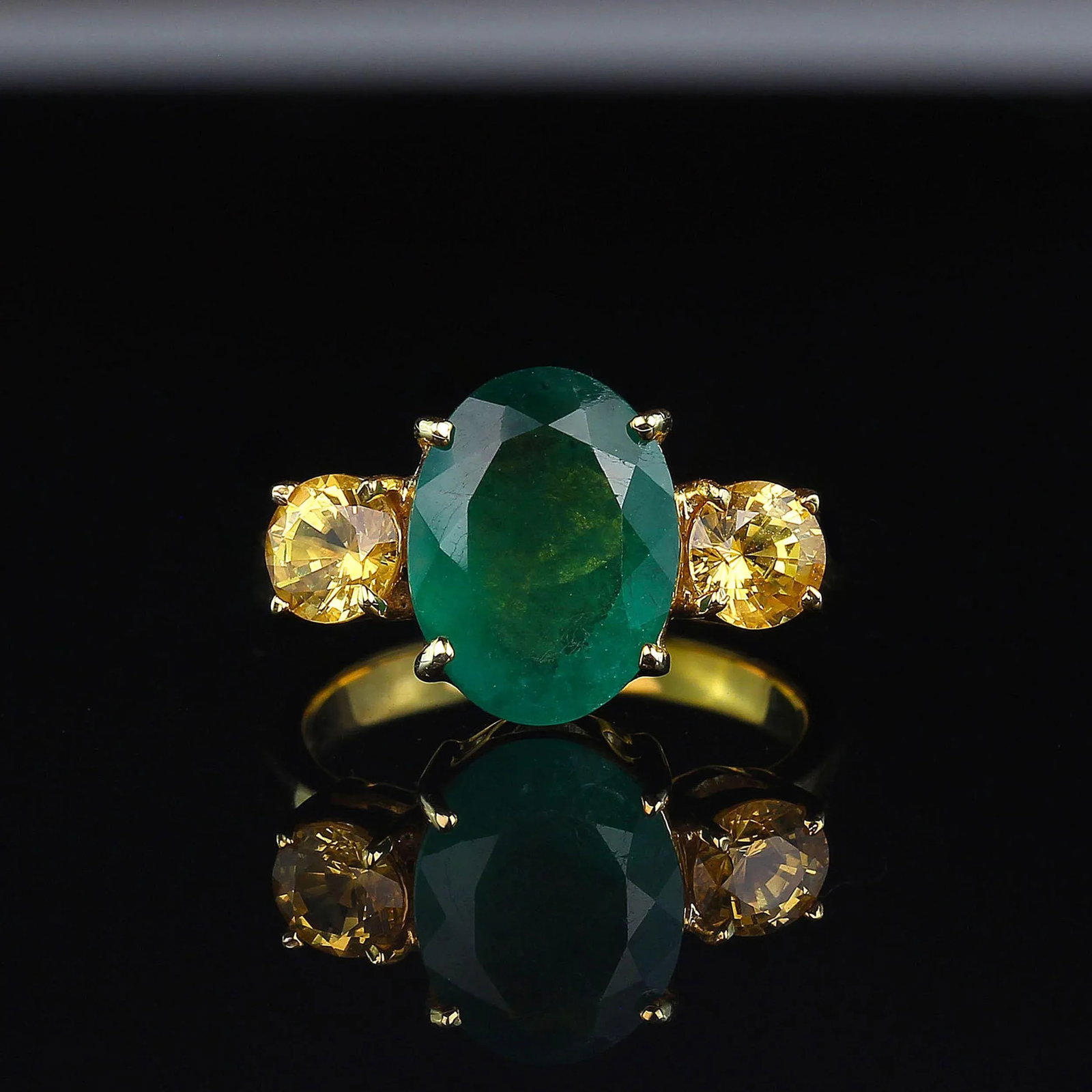 Green Emerald With Sparkling Golden Citrine Accent & Gold Rhoduim/Sterling Ring Size 7 - 7