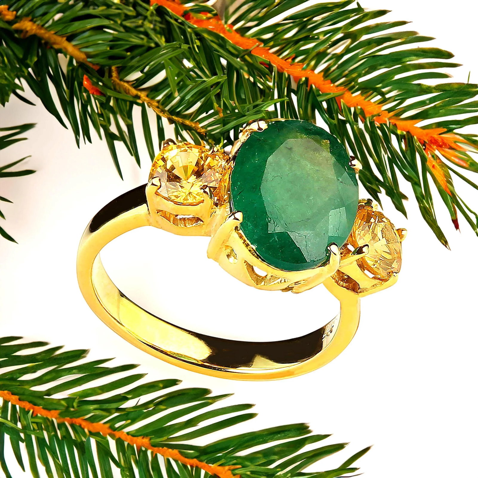 Green Emerald With Sparkling Golden Citrine Accent & Gold Rhoduim/Sterling Ring Size 7 - 8