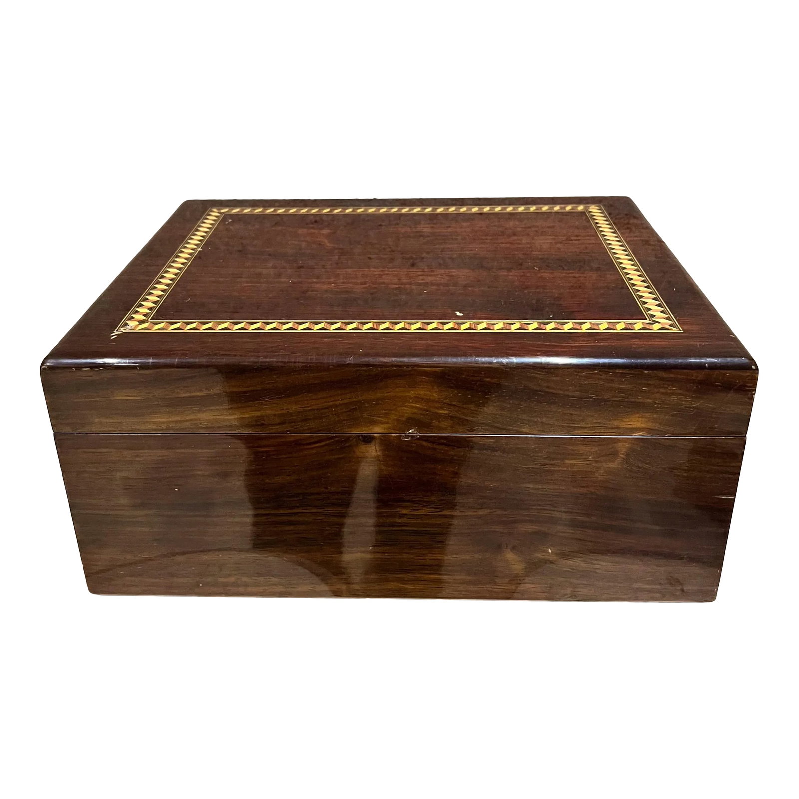 Paradigm Humidor Company Cigar Box Marquetry Wood Inlay: AMBIANIC presents By Paradigm Wood Inlay Marquetry Humidor Cigar Box 5.5 h x 12 w x 9.5 d Preowned vintage Refer to images. Condition: Alterations: Original Condition Unaltered Imperfections: Some