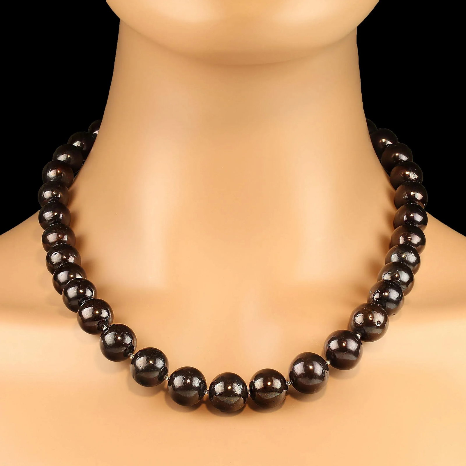Gently Graduated Black Gemstone Necklace With Sterling Accents - 2