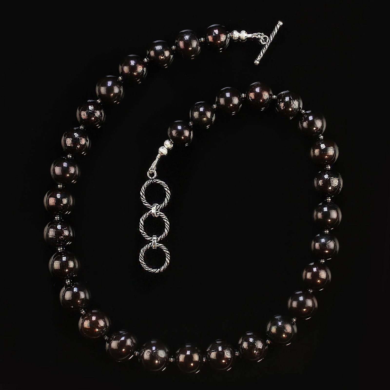 Gently Graduated Black Gemstone Necklace With Sterling Accents - 3