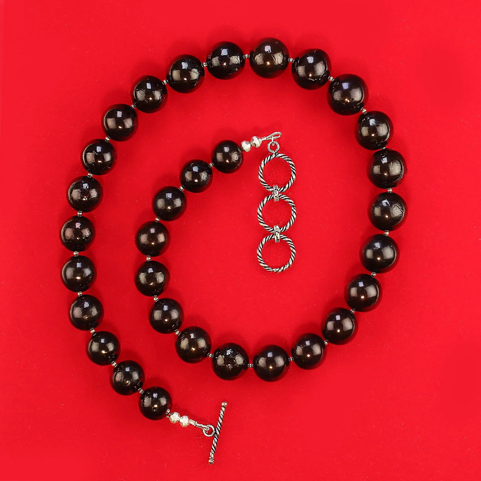 Gently Graduated Black Gemstone Necklace With Sterling Accents - 6