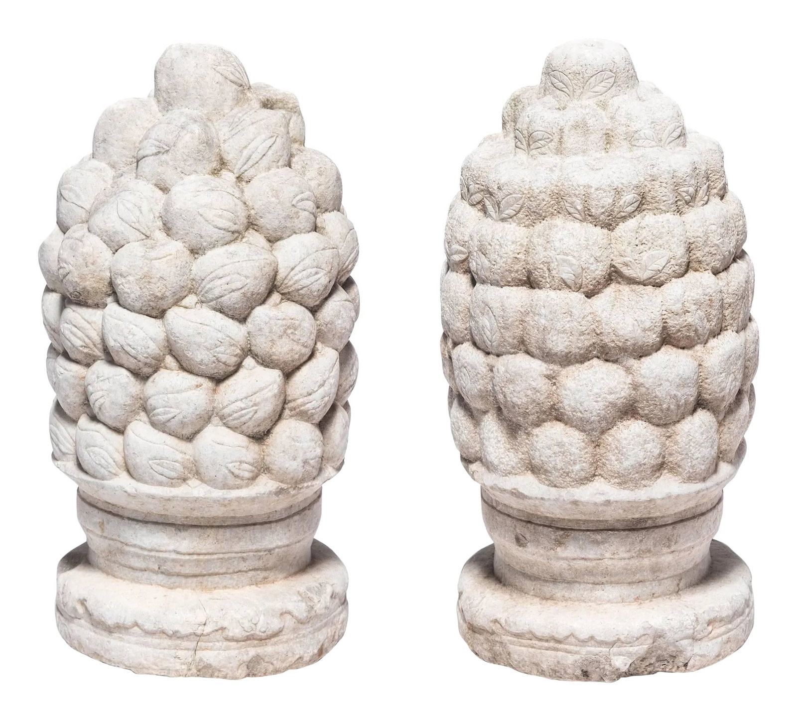 Chinese Stone Finials with Peaches and Persimmons, 17th/18th Century - A Pair: Over four hundred years ago, these rare stone finials once adorned the garden or courtyard of a traditional Qing-dynasty home. Hand-carved in Shanxi province, they offer a rare glimpse of a bygone