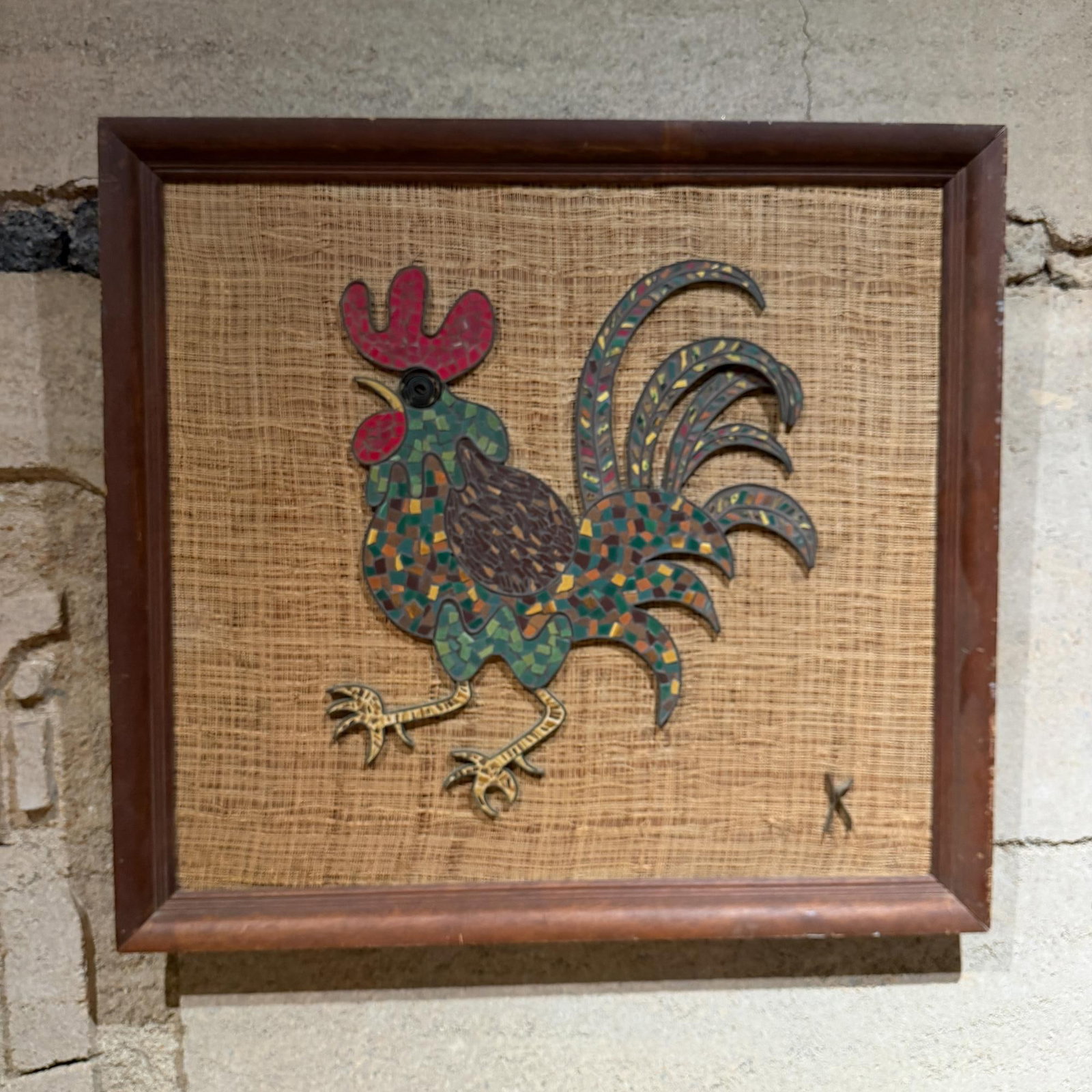 Mid Century Modern Brass Tiled Rooster Wall Art, Signed K, 1960s - 13