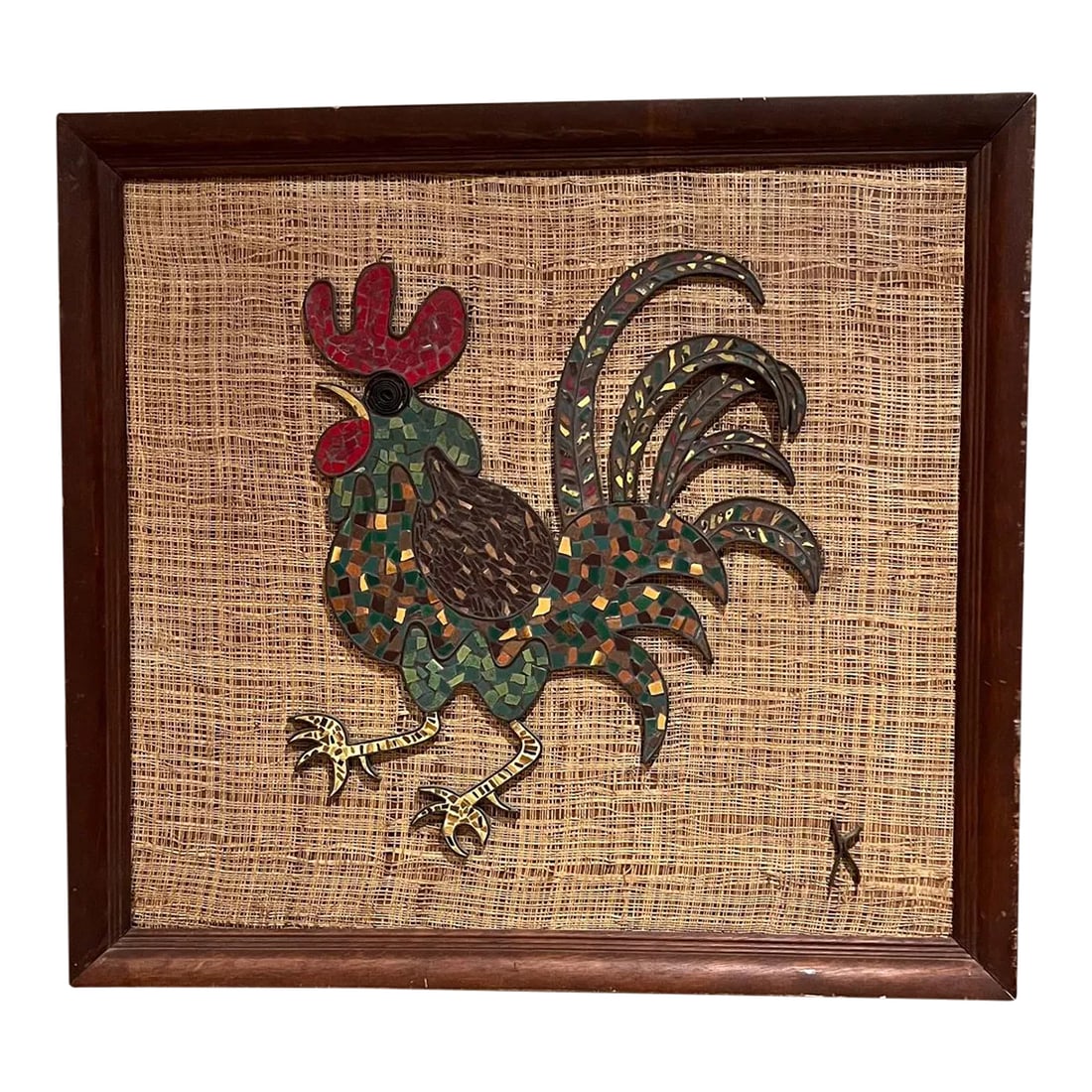 Mid Century Modern Brass Tiled Rooster Wall Art, Signed K, 1960s: For your consideration, a mid century modern mosaic art tiled brass rooster wall art. Signed with initial "K" . Evelyn Ackerman style. USA circa the 1960s. Dimensions: 24 .5" H x 27" W x 2" D