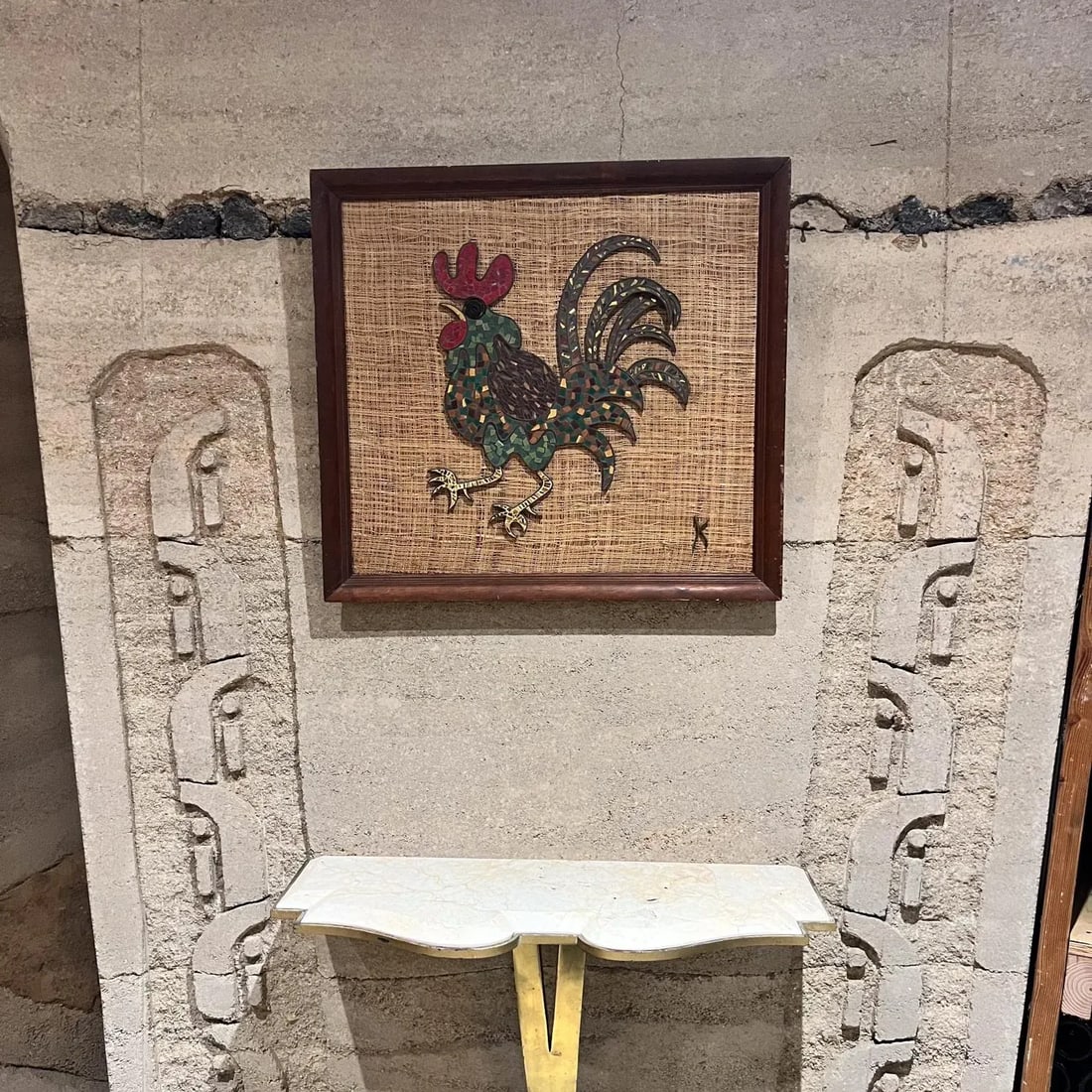 Mid Century Modern Brass Tiled Rooster Wall Art, Signed K, 1960s - 3