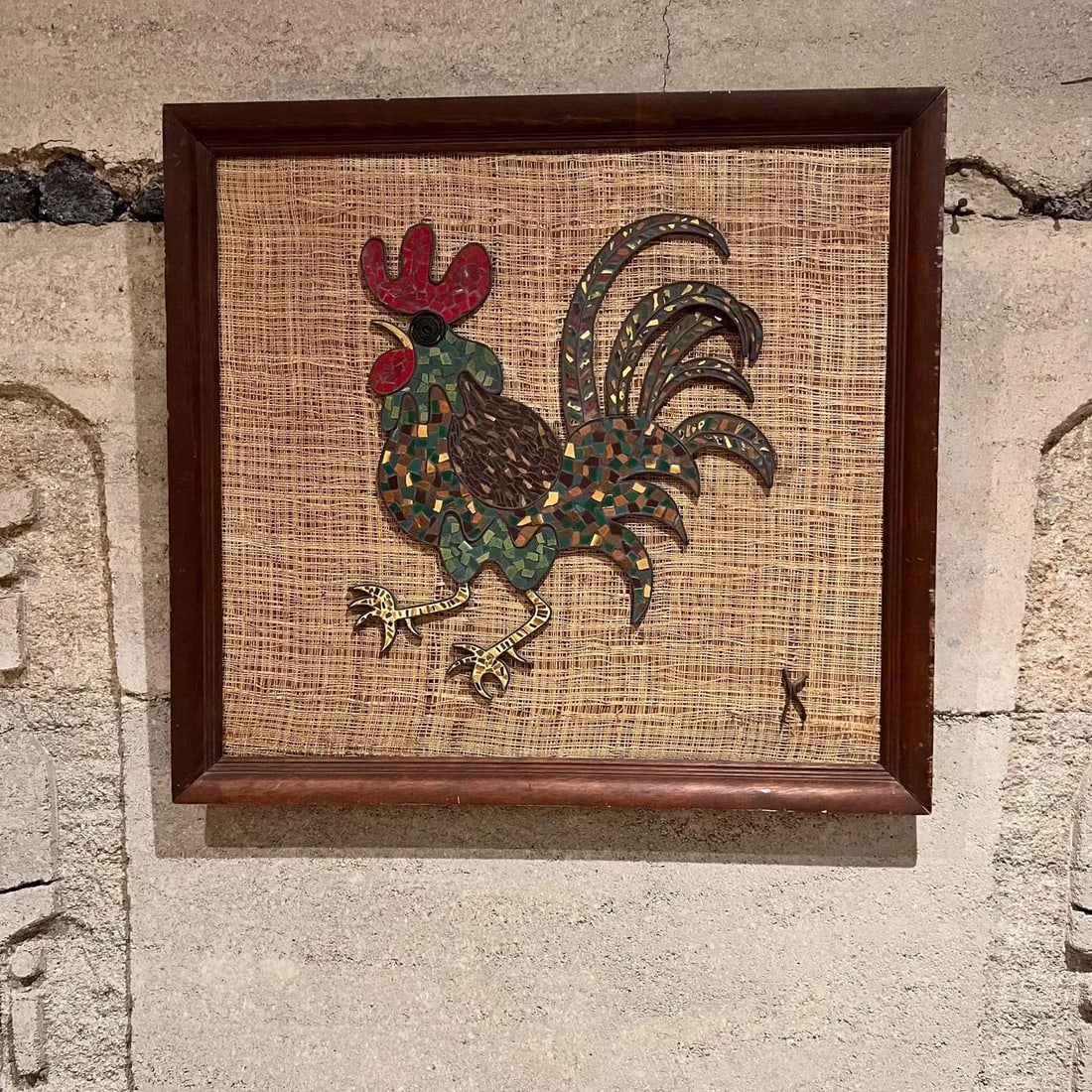 Mid Century Modern Brass Tiled Rooster Wall Art, Signed K, 1960s - 6