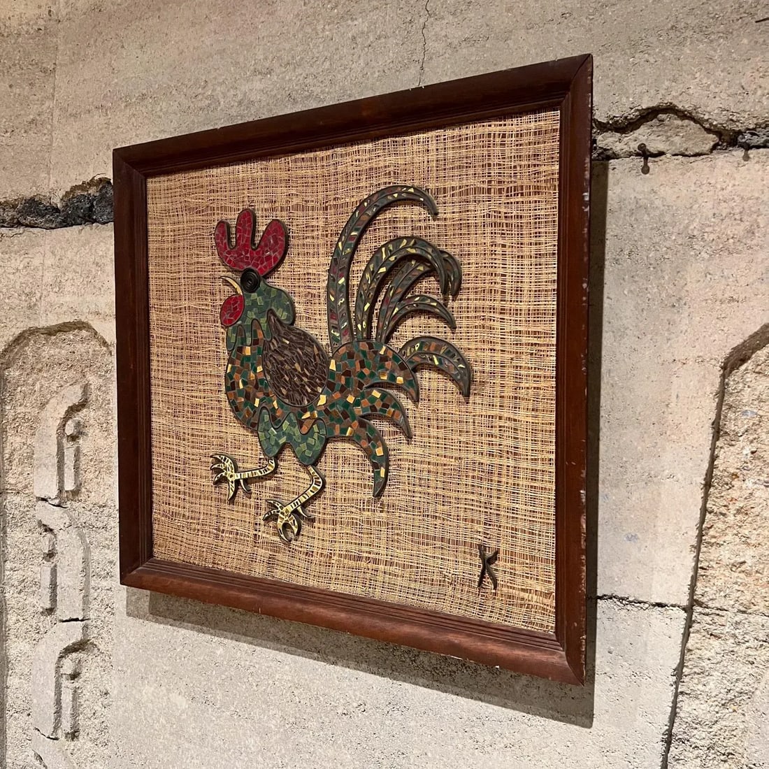 Mid Century Modern Brass Tiled Rooster Wall Art, Signed K, 1960s - 7