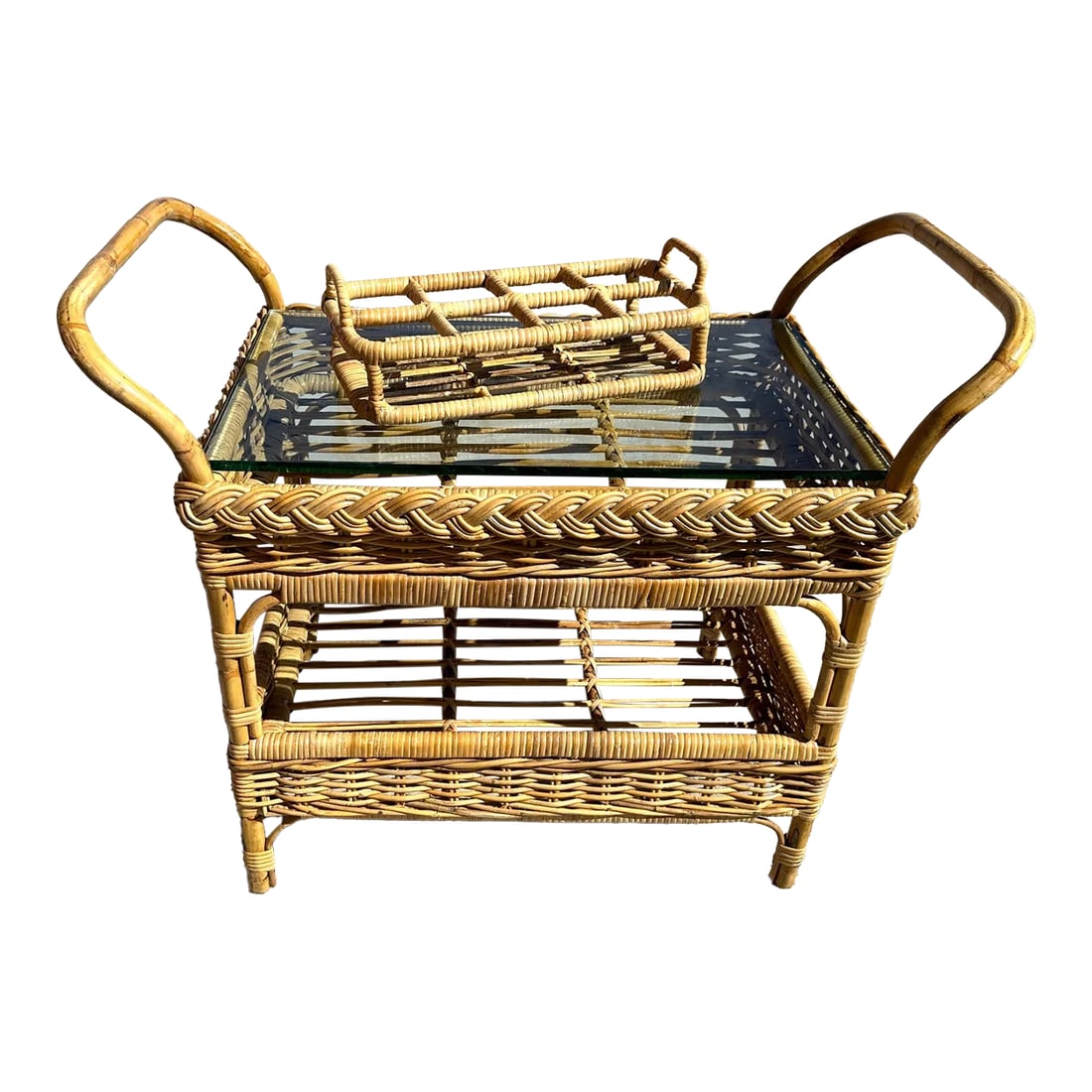 Coastal Michael Taylor Style Woven Rattan Bar Cart W/Drink Holder: Vintage Woven Rattan & Bent Bamboo Bar Cart with Drink Holder. Perfect for a Beach House or outdoor patio or garden room. Thick woven Rattan with a decorative braided trim. Has a matching drink holder
