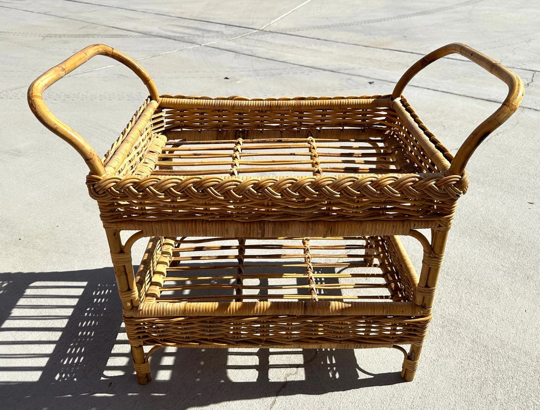 Coastal Michael Taylor Style Woven Rattan Bar Cart W/Drink Holder - 2