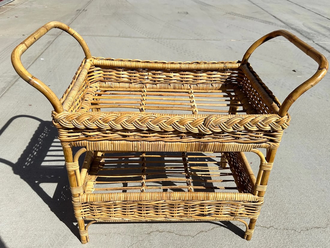 Coastal Michael Taylor Style Woven Rattan Bar Cart W/Drink Holder - 5