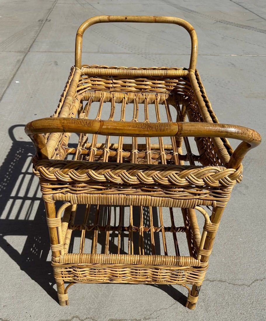 Coastal Michael Taylor Style Woven Rattan Bar Cart W/Drink Holder - 6