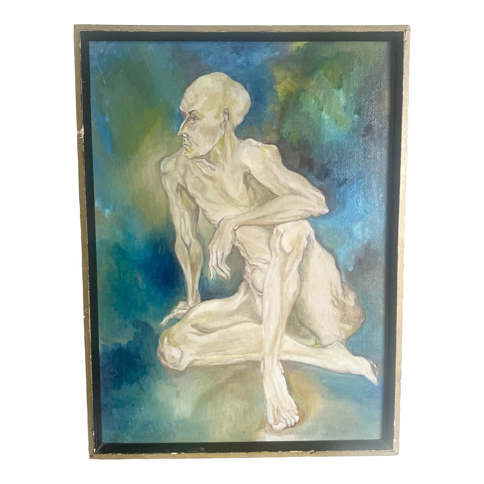 Framed Original Painting of Nude Man Sitting: This framed original painting of a nude man sitting captures a raw and introspective moment, rendered with expressive brushwork and a moody, atmospheric color palette. The figure's pose conveys
